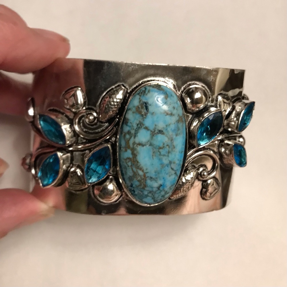 Turquoise Blue Topaz Stamped Solid 925 Sterling Silver Cuff Bracelet